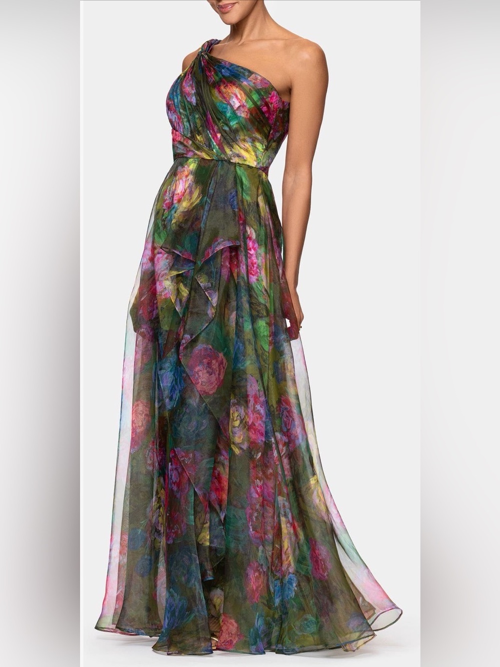 Xscape One Shoulder Floral Organza Gown Green/Multi Size 6